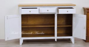 Living room or kitchen sideboard in solid wood with white lacquered finish and oak top